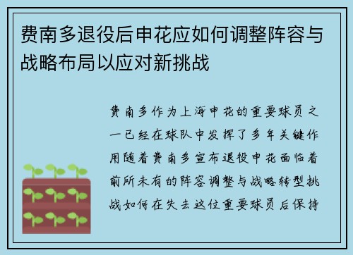 费南多退役后申花应如何调整阵容与战略布局以应对新挑战 费南多退役后申花应如何调整阵容与战略布局以应对新挑战