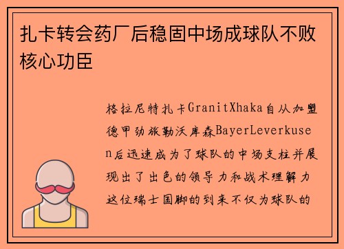 扎卡转会药厂后稳固中场成球队不败核心功臣 扎卡转会药厂后稳固中场成球队不败核心功臣